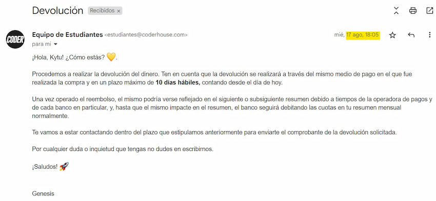 Coderhouse opiniones - captura de pantalla del email de devolución